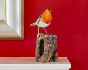 Wooden Robin Ornament, hand painted Bird Sculpture statue.  (2-8D/E) Robin Statue. British Bird Handmade Gift