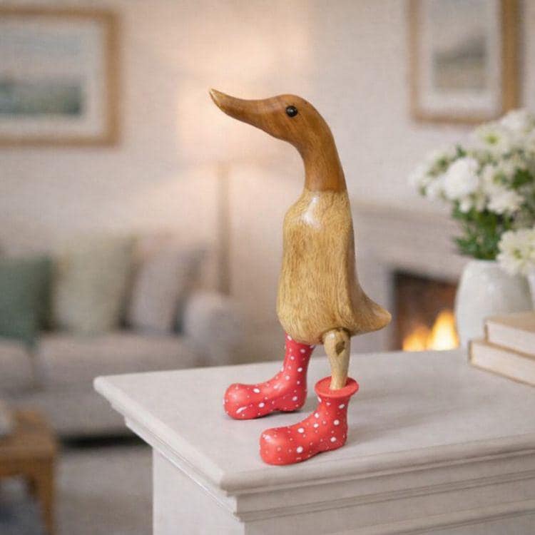 Hand Crafted Bamboo Wooden Ducks in Polka Dot Boots. Hand Carved