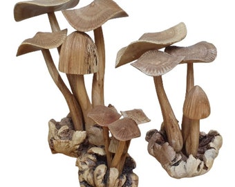 Hand Carved Mushrooms On Parasite Wood Base Ornament - Large/Medium/Small