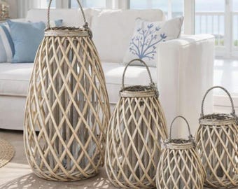 Grey Wicker Lantern with Glass Candle Holder. Indoor/ Outdoor Candle Holder. Wicker Lanterns with Rope Handles. Terrace/ Patio Lighting.