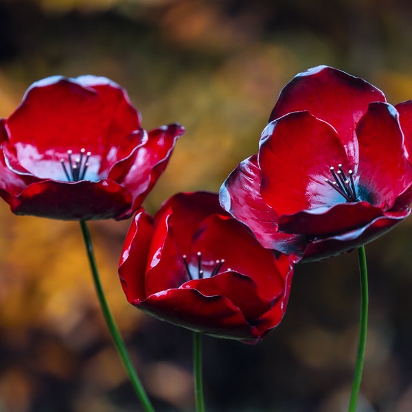 Handcrafted Poppy. Handmade Metal Poppy Flowers. Outdoor Flower Sculptures. Remembrance Poppies. (2-4B)