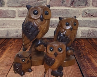 Hand Carved Wooden Owl 4 size Variations. Owl Sculpture Ornament