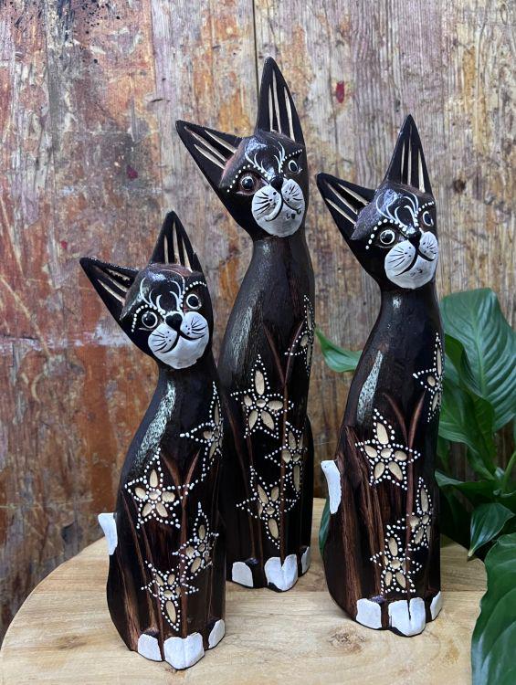 Set of 3 Hand Carved Wooden Cats With a Hand Painted Star Flower