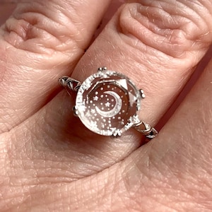 Clear Quartz Crescent Moon Ring, Adjustable S925 Sterling Silver Solitaire, Witchy Celestial Crystal Jewelry