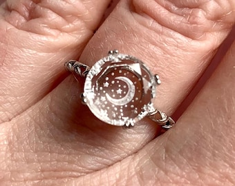 Clear Quartz Crescent Moon Ring, Adjustable S925 Sterling Silver Solitaire, Witchy Celestial Crystal Jewelry