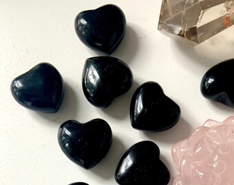 Mini Black Obsidian Hearts for Energetic Protection, Grounding Root Chakra Crystal for Grids