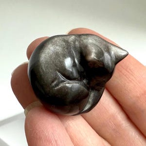 May include: A black obsidian cat figurine carved in a sleeping position. The cat is made of polished black obsidian with a shiny, reflective surface.