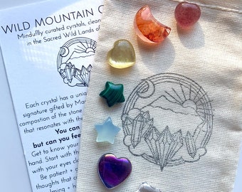 7 Chakra Crystal Set: Mini Heart, Moon & Star Carvings, Rainbow Gemstone Bundle