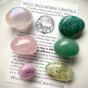 Heart Chakra Crystal Tumble Set of 6 pink and green stones including aura rose quartz, rose quartz, kunzite, prehnite, green aventurine, and amazonite