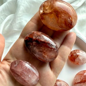 Fire Quartz Palm Stones – Red Hematoid, Root Chakra Healing Crystal, Grounding Meditation Stone