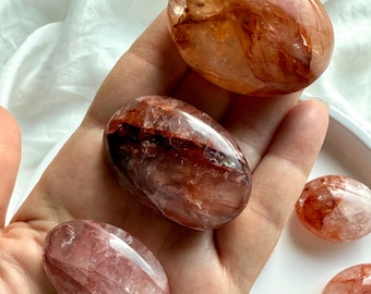 Fire Quartz Palm Stones – Red Hematoid, Root Chakra Healing Crystal, Grounding Meditation Stone