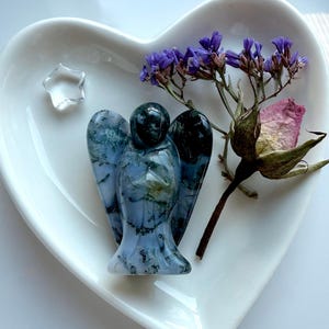Moss Agate Angel Carving with Crystal Gift Set Option, Heart Chakra Healing Stones