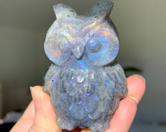 Purple Labradorite Owl, Owl Crystal Carving, Hand Carved Crystal Bird