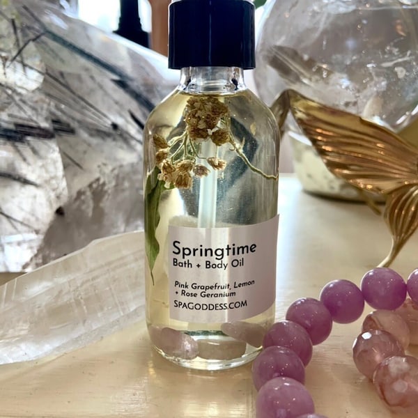 Springtime Body Oil - Heart Chakra + Solar Plexus, Aromatherapy Body Oil, Crystal Infusion, Self Care Gift