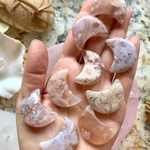 Flower Agate Moon, Mini Crystal Moons, Divine Feminine Energy Crystals for Gridding, Moon Phase Gift for Women