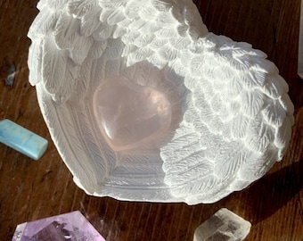 Selenite Angel Wing Bowl, Heart-Shaped Bowl, Angelic Gifts