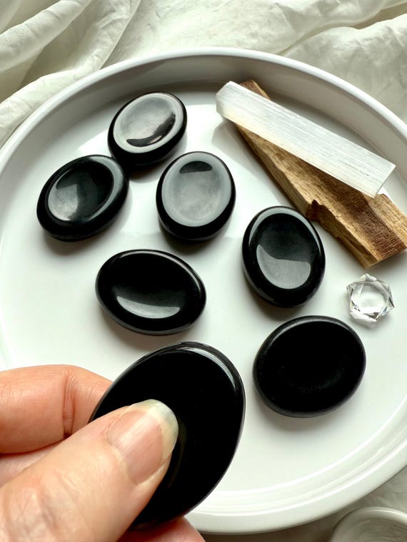 Black Obsidian Worry Stone, Grounding Crystal for Energetic Protection, Stress Relief + Root Chakra Healing