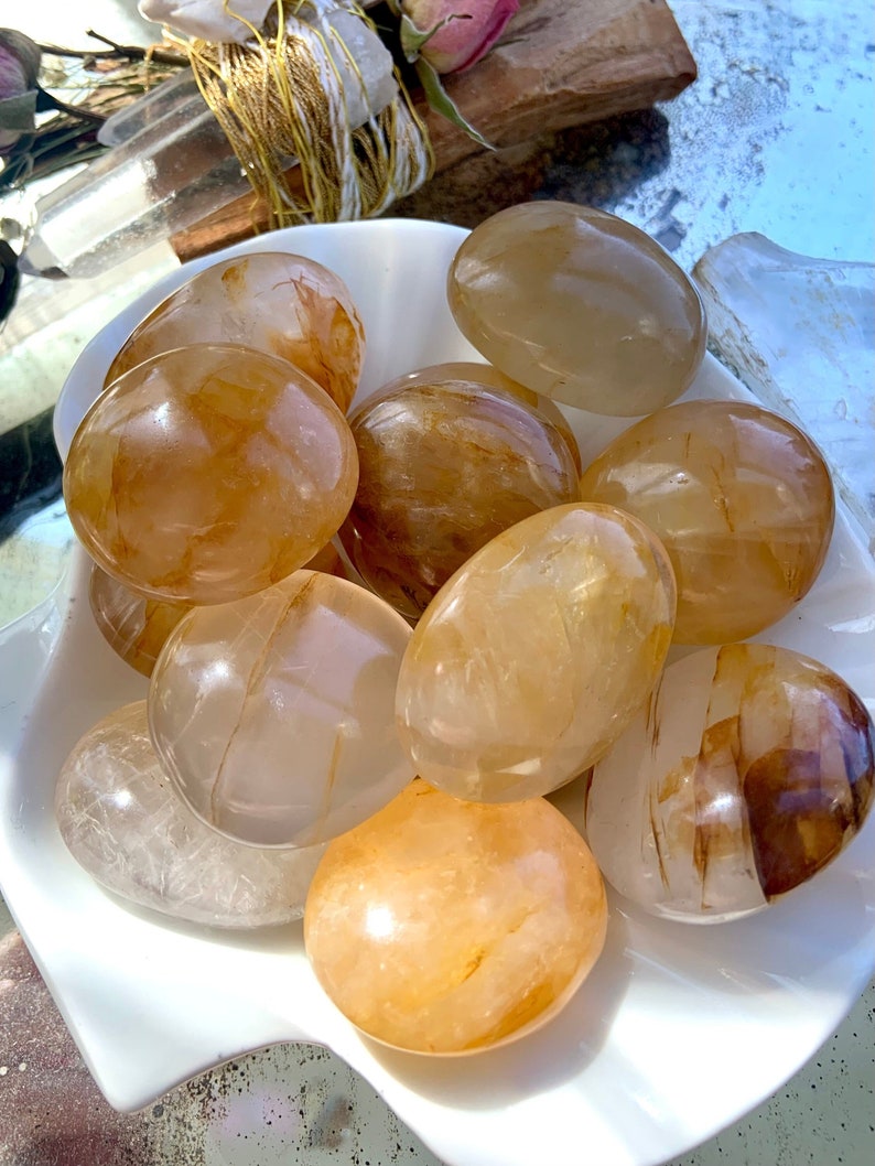 Small Golden Healer Palm stone, Golden Healer Quartz Palmstone, Meditation Stone, Pocket Crystal, Solar Plexus Healing