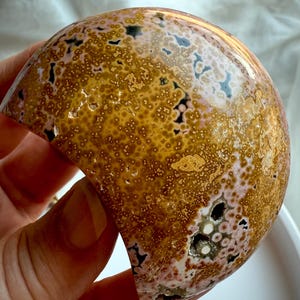 Golden yellow and peach Ocean Jasper moon with intricate orbicular texture and natural vugs held in hand