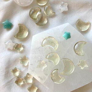 Mini Lemon Citrine moons and stars on a hexagonal Selenite plate with celestial crystal accents
