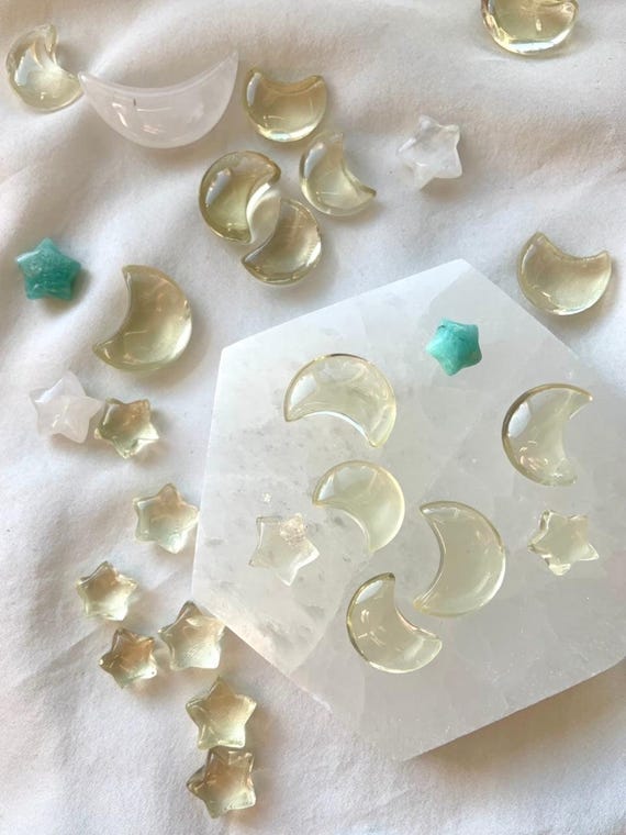 Mini Citrine Moon and Star Carvings, Abundance Crystal for Grids, Solar Plexus Chakra Healing Stones