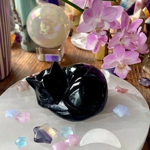 Side view of black obsidian sleeping cat carving resting on selenite plate with mini celestial crystals and blooming orchids overhead