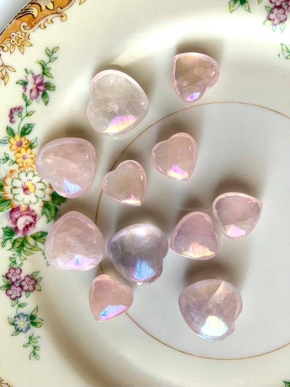 Aura Rose Quartz Mini Heart Carving, Opalescent Pink Crystal for Chakra Healing