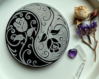 Etched Selenite Charging Plate with Yin Yang Rose Design, Crown Chakra Crystal for Energy Cleansing