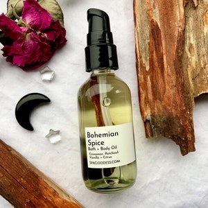 Bohemian Spice Body Oil Crystal Infused Skincare for Root Chakra Healing with Black Obsidian Aromatherapy Self Care Gift for Women