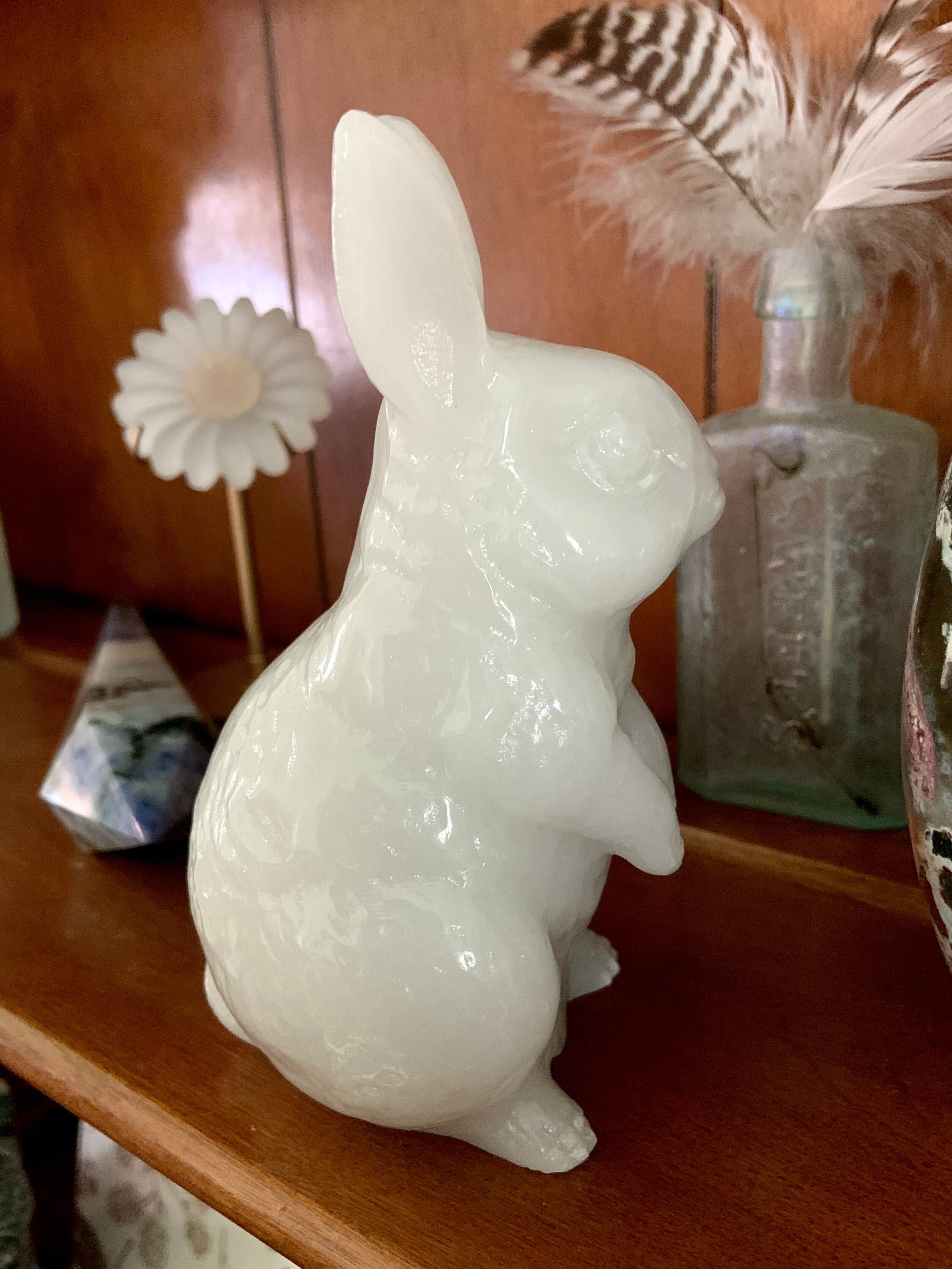 White Jade Bunny Carving, Lucky Crystal Rabbit Statue, Metaphysical ...