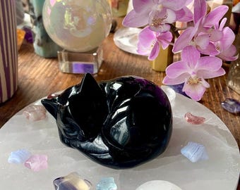 Black Obsidian Sleeping Cat for Energetic Protection, Witchy Crystal Carving, Black Cat Pet Memorial Gift