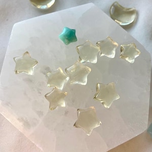 Mini Lemon Citrine stars on a Selenite plate with Amazonite and celestial crystal accents