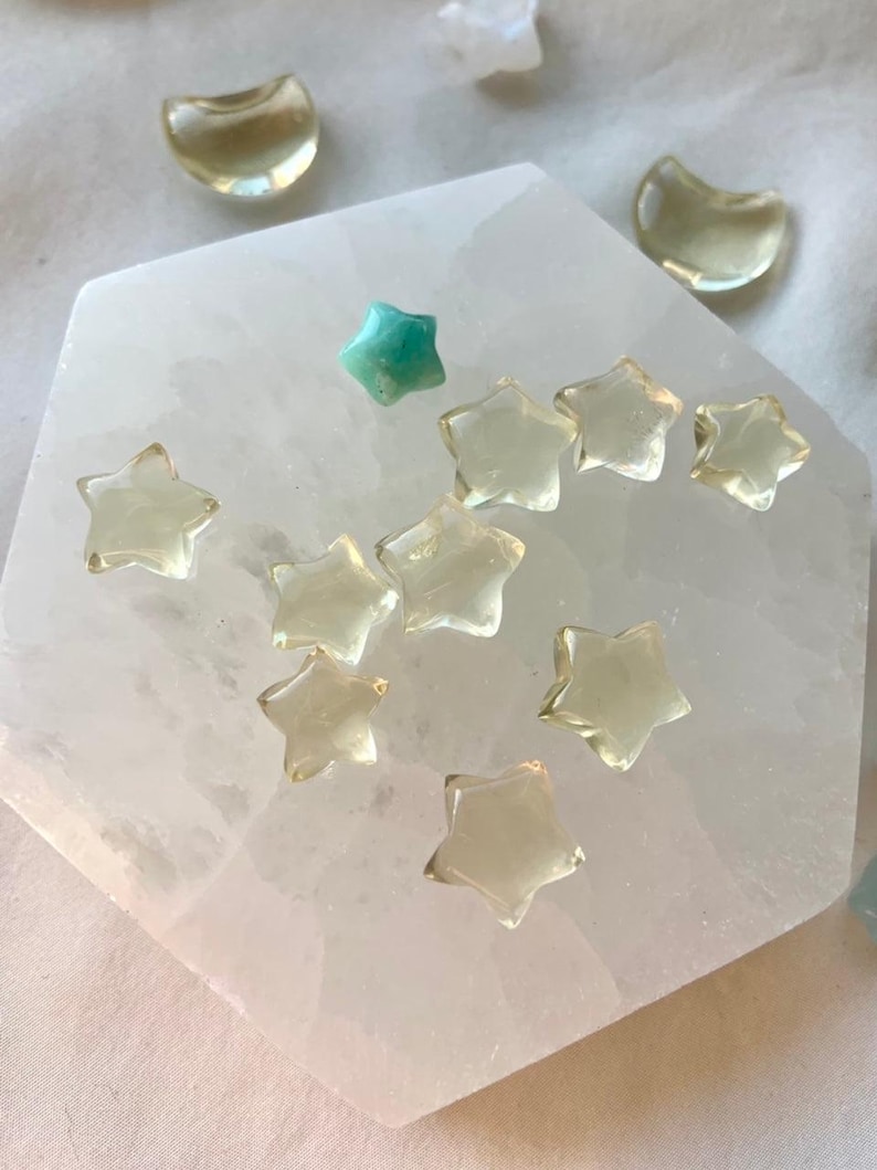 Mini Lemon Citrine stars on a Selenite plate with Amazonite and celestial crystal accents