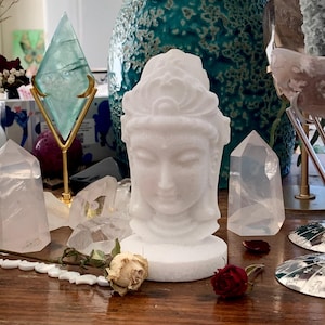 White Jade Quan Yin Statue, Divine Feminine Crystal Goddess Carving, Metaphysical Altar Decor