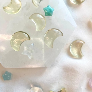 Mini Lemon Citrine moons on a hexagonal Selenite plate with crystal stars and celestial accents