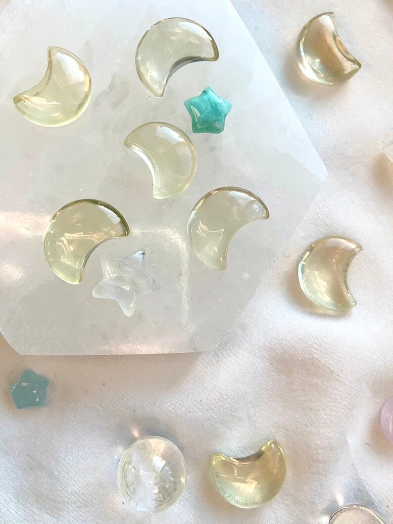 Mini Lemon Citrine moons on a hexagonal Selenite plate with crystal stars and celestial accents