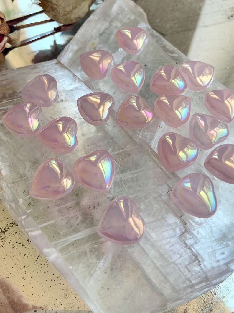 Aura Rose Quartz Mini Heart Carving, Opalescent Pink Crystal for Chakra Healing