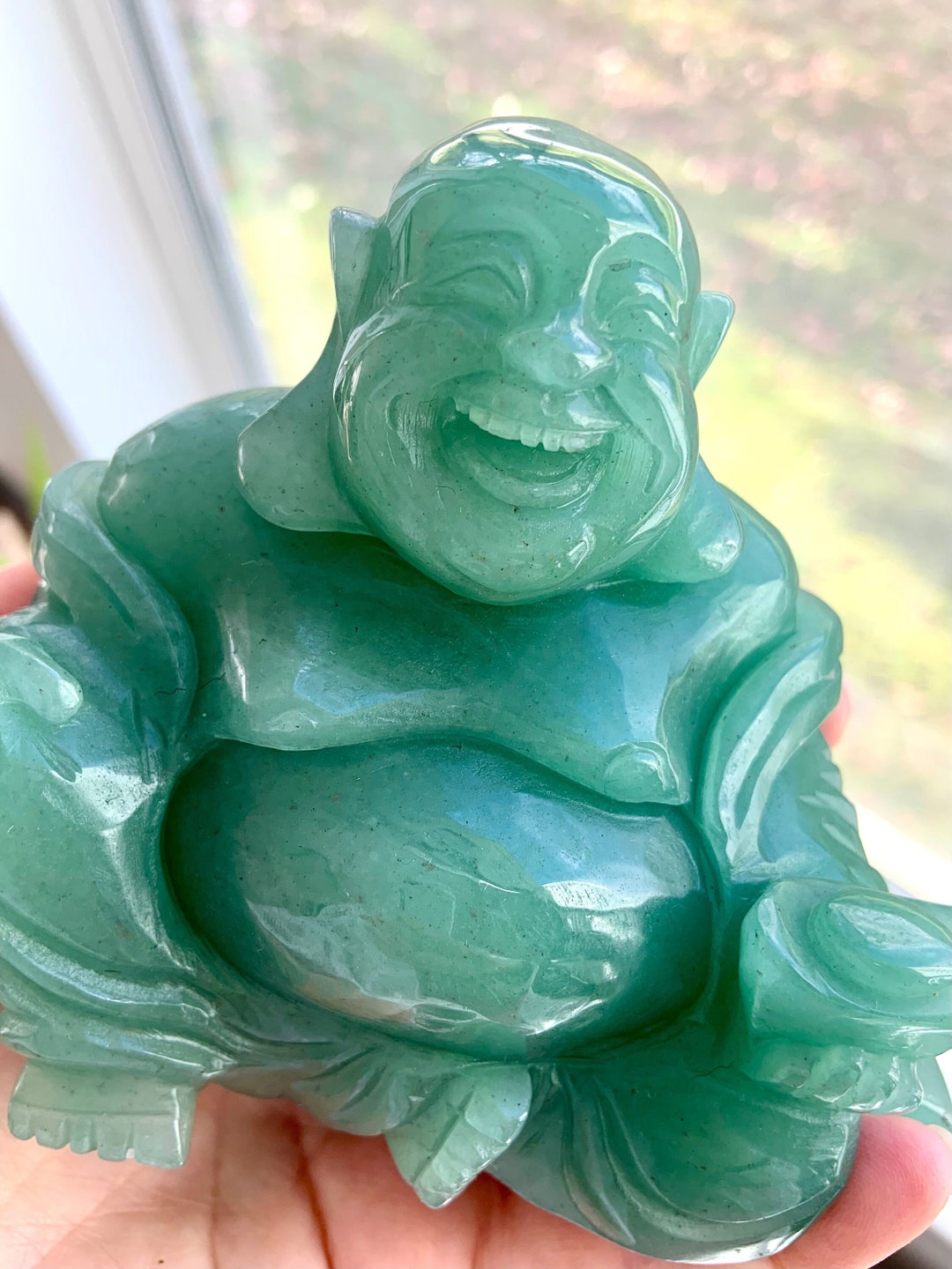 Green Aventurine Happy Buddha Statue, Hand Carved Stone Buddha, Lucky