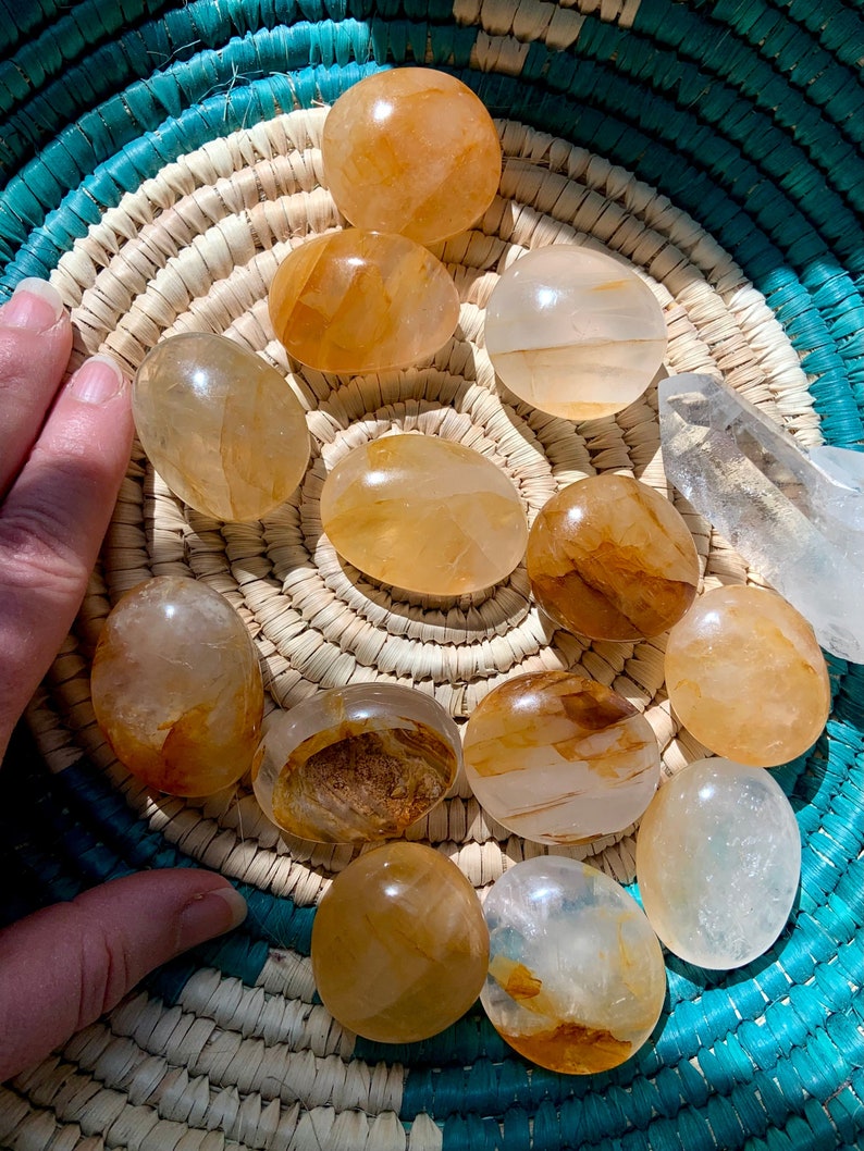 Small Golden Healer Palm stone, Golden Healer Quartz Palmstone, Meditation Stone, Pocket Crystal, Solar Plexus Healing
