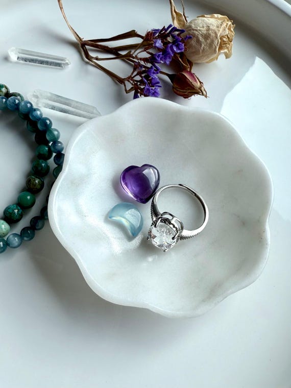 White Marble Bowl | Daisy Flower Shape Crystal Ring Dish & Sphere Holder