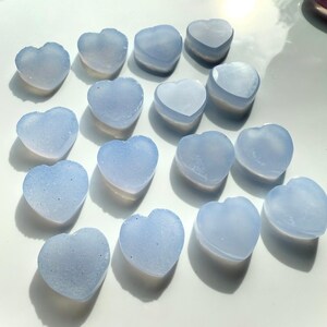 These luminous Blue Chalcedony Hearts are a pretty periwinkle blue
