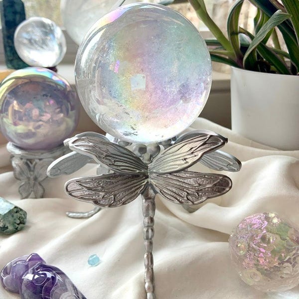 Dragonfly Sphere Stand, Metal Crystal Ball Holder, Elegant Specimen Display, Metaphysical Altar Decor