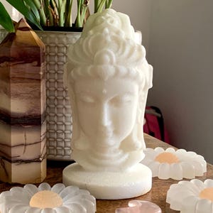 White Jade Quan Yin Statue photographed in natural light with other crystals and a plant in the background