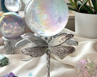 Dragonfly Sphere Stand, Choose Silver or Gold, Metal Crystal Stand , Crystal Ball Holder