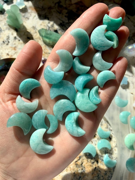Amazonite Moon, Mini Crystal Carvings, Soothing Throat Chakra Healing Stones for Crystal Grids