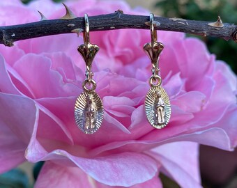 Dainty Virgin Mary Gold Filled Tri-Color Gold Earrings. Virgen de Guadalupe Gold Earrings. Gold religious Earrings Jewelry. Mothers Day.