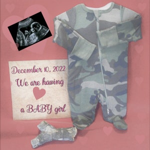 Digitale baby aankondiging/Sonogram/Camo roze harten-baby meisje 1080 x 1080/wenskaart afdrukbare