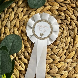 Mummy To Be Rosette Badge, Baby Shower Party Accessory, White Glitter Trimmed Rosette