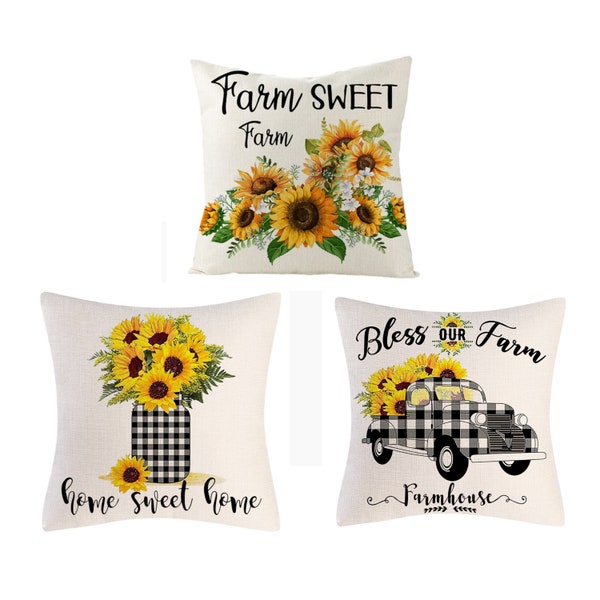 Farmhouse Checkered Sunflower Pillow Covers