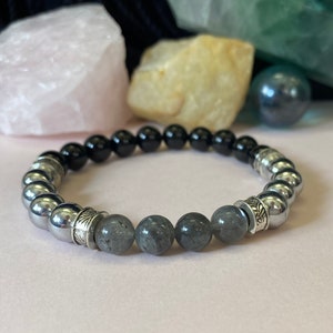 Men&#39;s Bracelet. Labradorite. Black Tourmaline. Silver Hematite. Gift for Him. Protection Bracelet for Him. 8 inches. Stretch Bracelet.